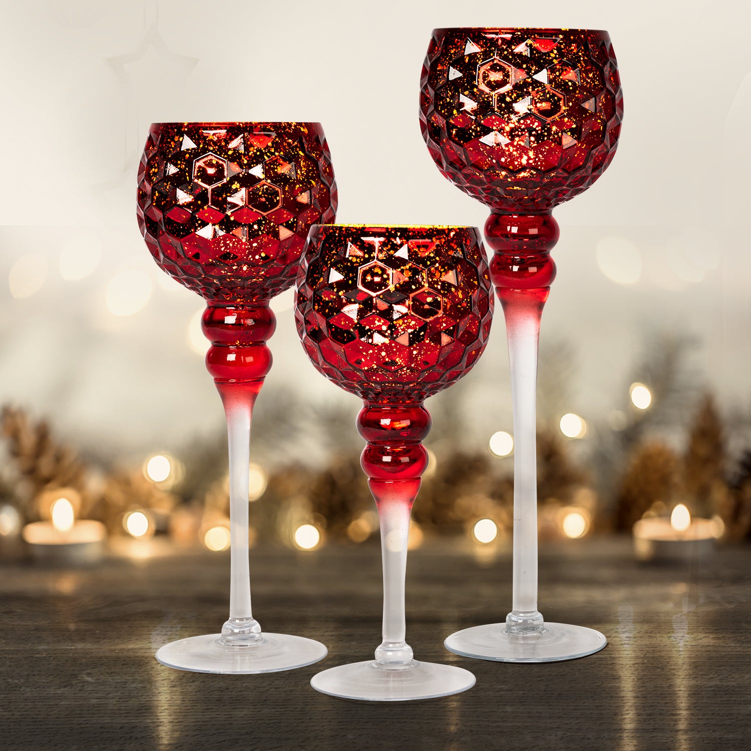 VESTIAMO CASA GRAN NATALE - Calici Portacandele in Vetro Rosso - set 3 pezzi